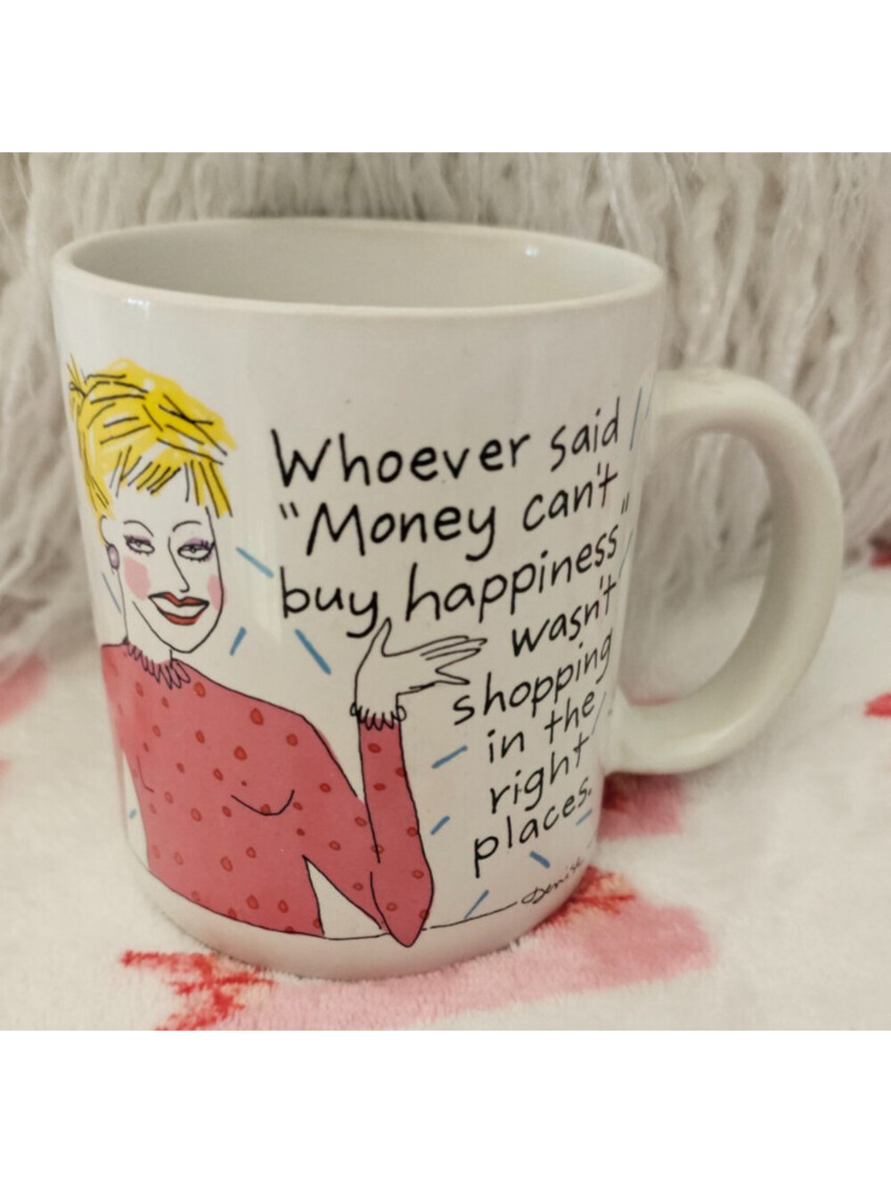 Vintage 1986 Hallmark Shoebox Coffee Mug Cup Money Can't Buy Happiness Japan 4"